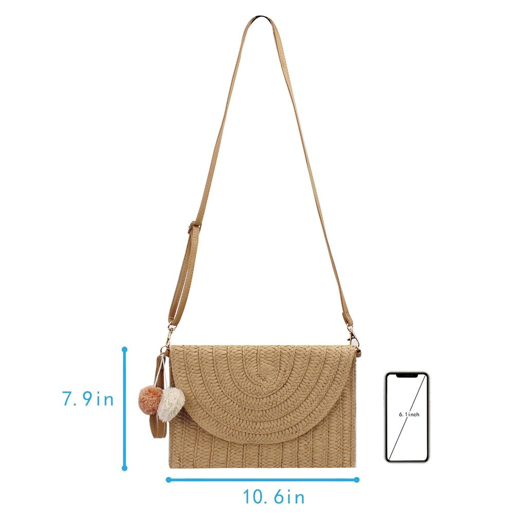 Straw Shoulder Bag Woven Pom Pom Clutch Envelope Purse Wallet Casual :P - Picture 6 of 6